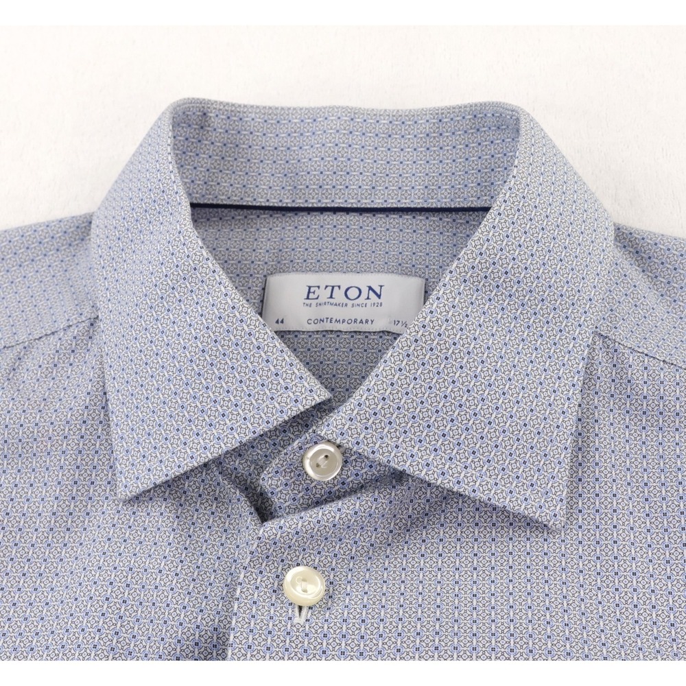 Eton Dress Shirt Mens 17.5x35.5 White Blue Geometric Contemporary Long Sleeve